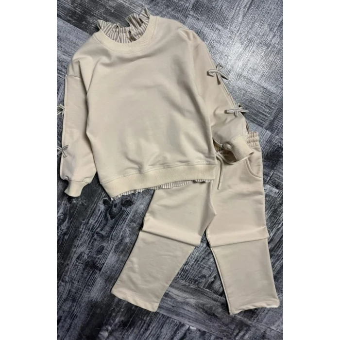 Gömlek Desenli Krem Rengi Kız Çocuk Takım