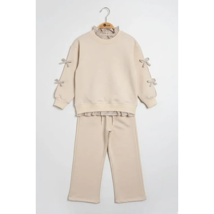 Gömlek Desenli Krem Rengi Kız Çocuk Takım