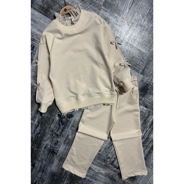 Gömlek Desenli Krem Rengi Kız Çocuk Takım