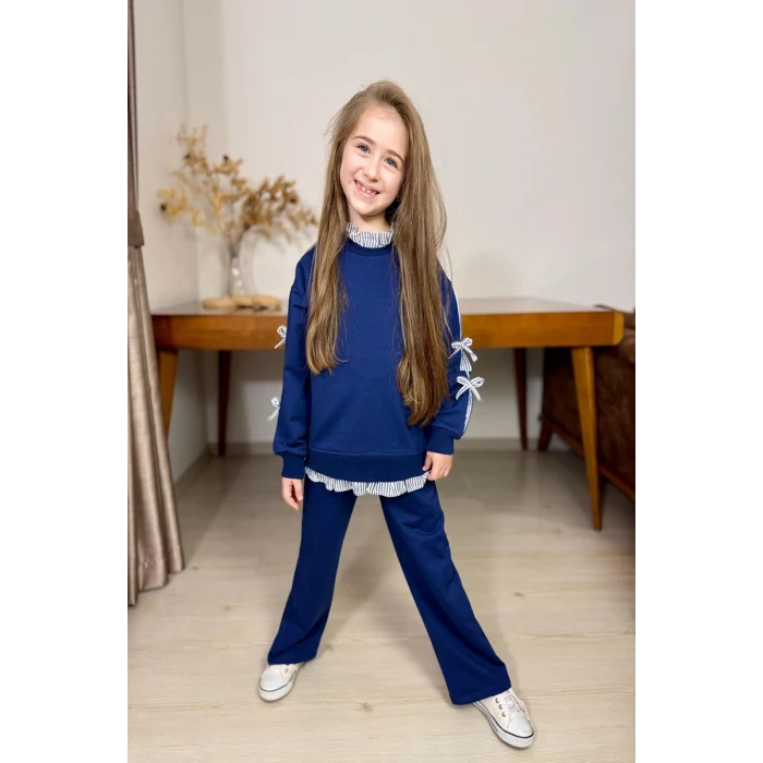 Gömlek Desenli Lacivert Renk Kız Çocuk Takım
