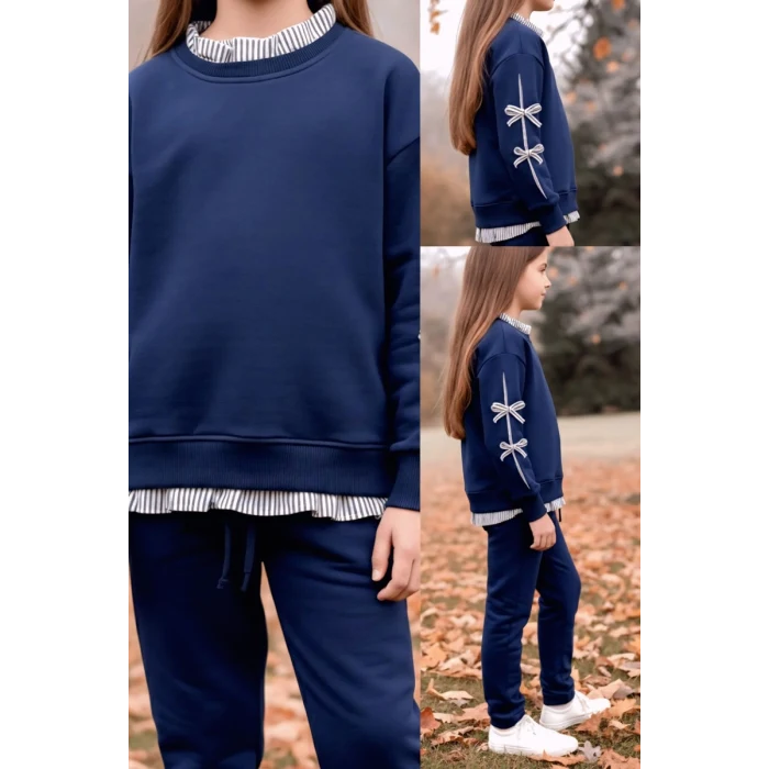 Gömlek Desenli Lacivert Renk Kız Çocuk Takım