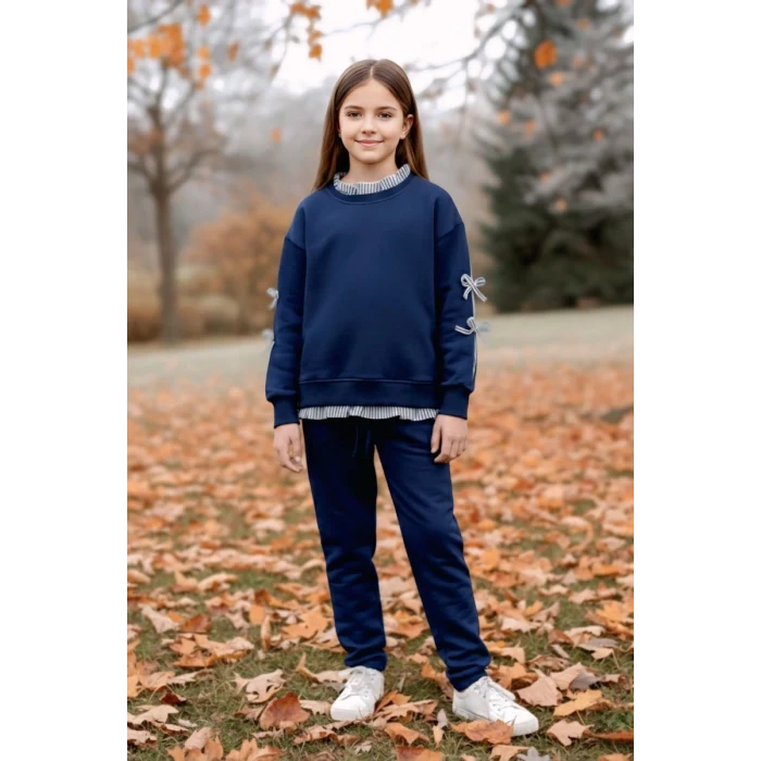 Gömlek Desenli Lacivert Renk Kız Çocuk Takım
