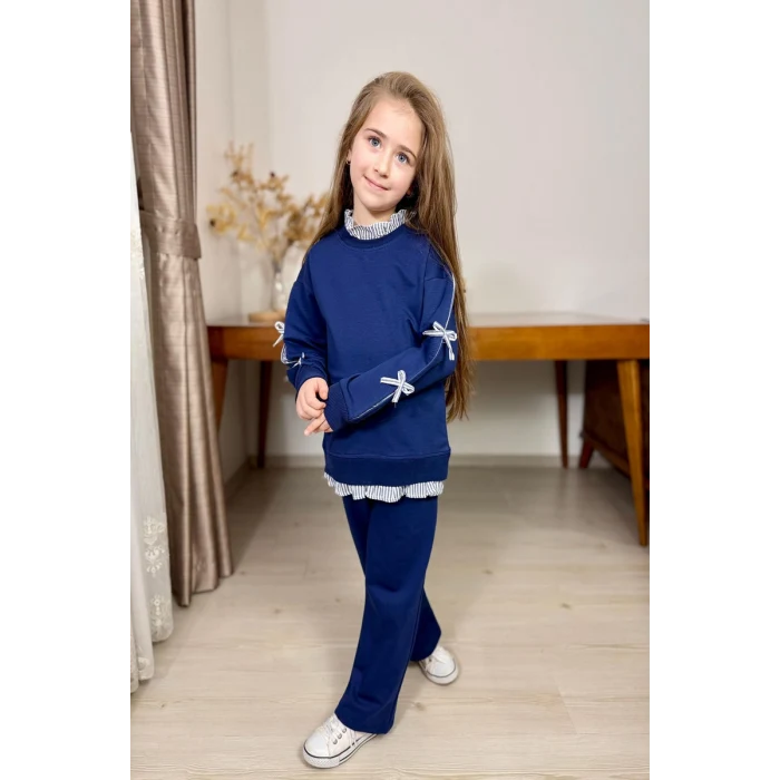 Gömlek Desenli Lacivert Renk Kız Çocuk Takım