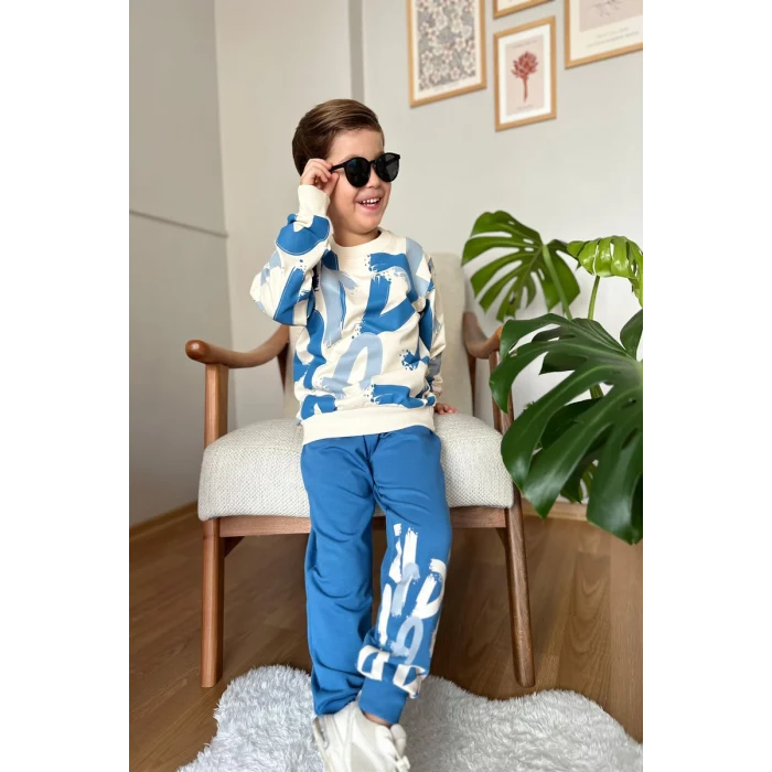 Harf Desenli Mavi Renk Erkek Çocuk Eşofman Takım