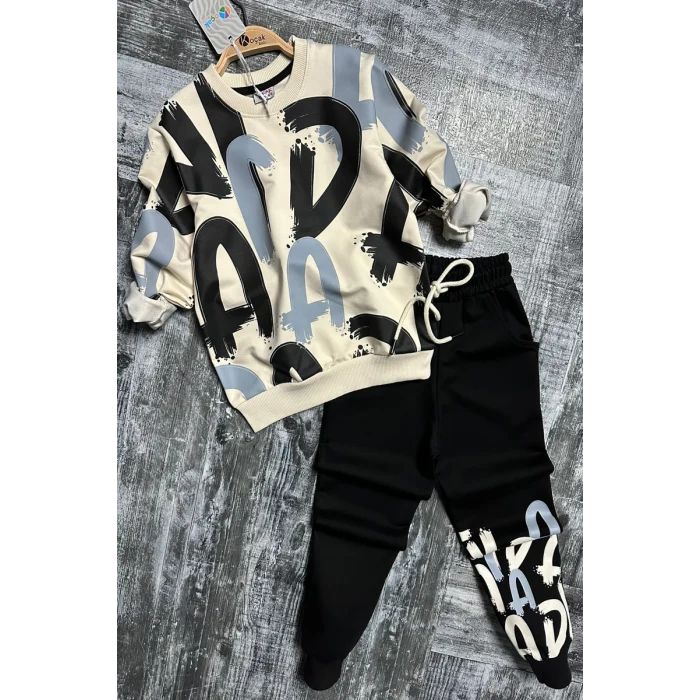 Harf Desenli Siyah Renk Erkek Çocuk Eşofman Takım