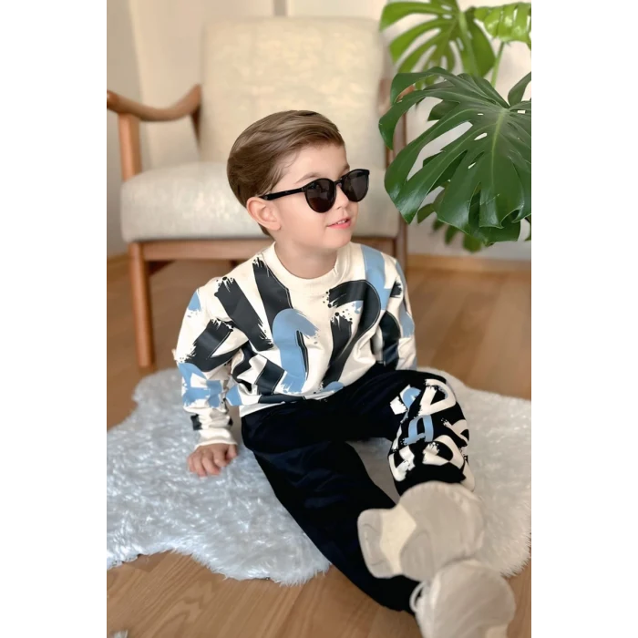 Harf Desenli Siyah Renk Erkek Çocuk Eşofman Takım