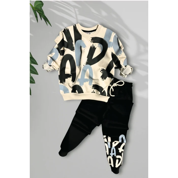 Harf Desenli Siyah Renk Erkek Çocuk Eşofman Takım
