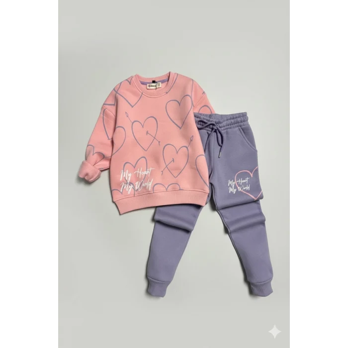 Kalp Desenli Pembe Renk 3 İplik Kız Çocuk Takım