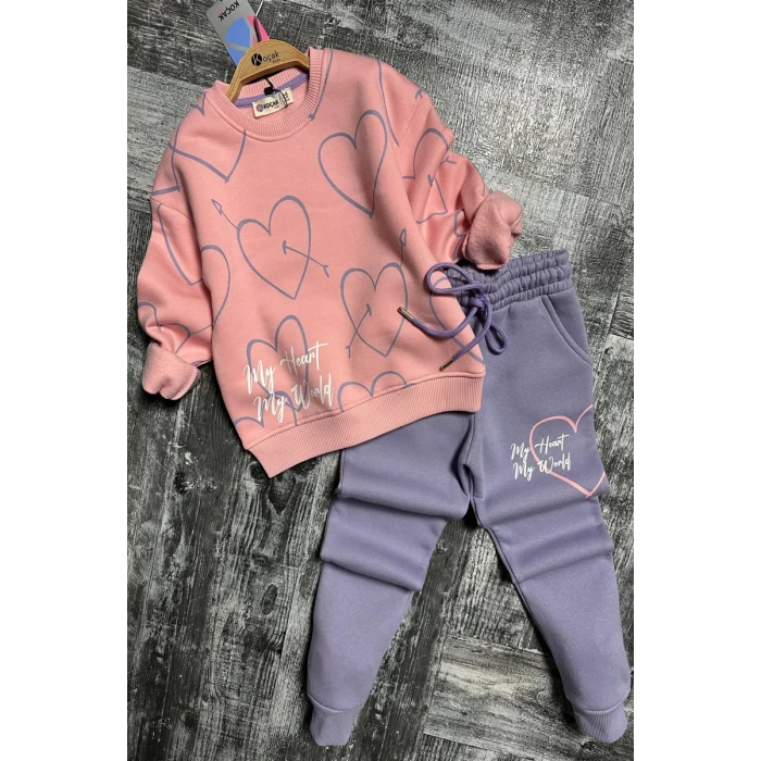 Kalp Desenli Pembe Renk 3 İplik Kız Çocuk Takım