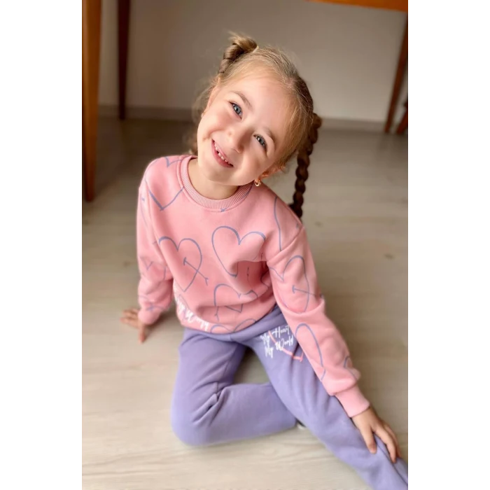 Kalp Desenli Pembe Renk 3 İplik Kız Çocuk Takım