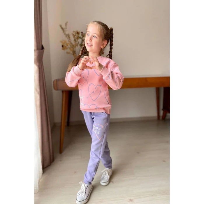 Kalp Desenli Pembe Renk 3 İplik Kız Çocuk Takım