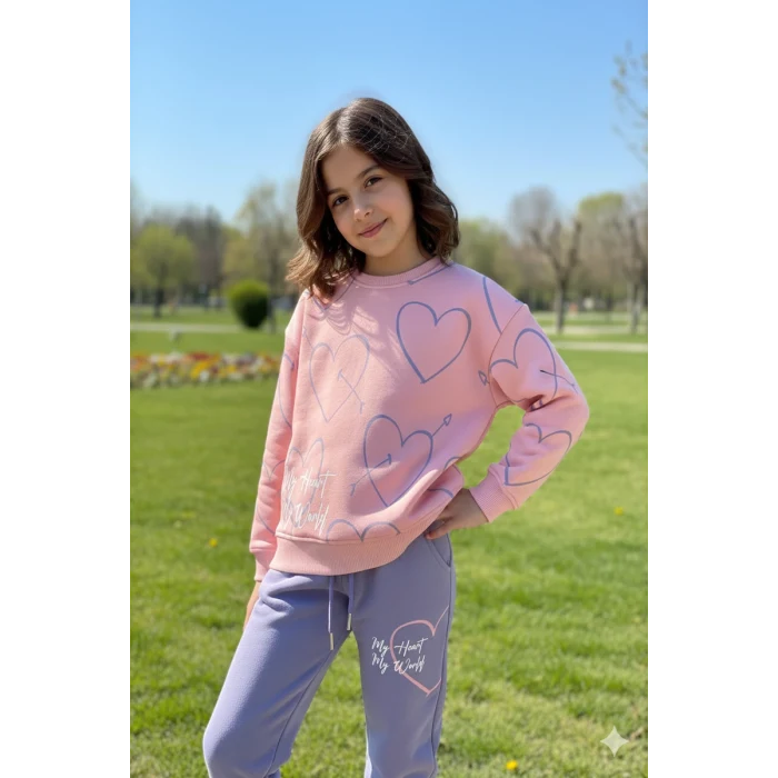 Kalp Desenli Pembe Renk 3 İplik Kız Çocuk Takım