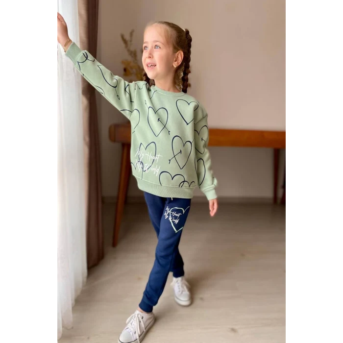 Kalp Desenli Yeşil Renk 3 İplik Kız Çocuk Takım
