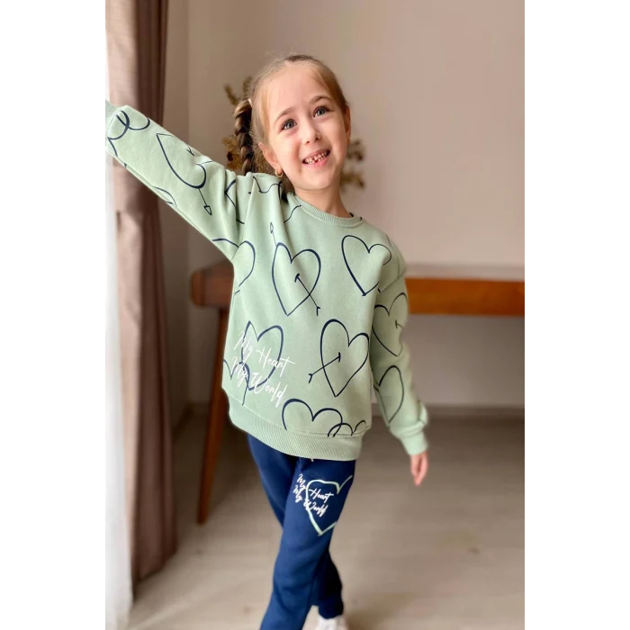 Kalp Desenli Yeşil Renk 3 İplik Kız Çocuk Takım