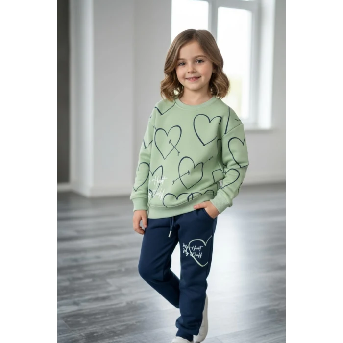 Kalp Desenli Yeşil Renk 3 İplik Kız Çocuk Takım