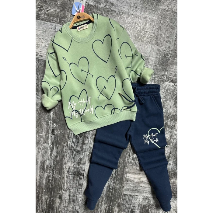 Kalp Desenli Yeşil Renk 3 İplik Kız Çocuk Takım