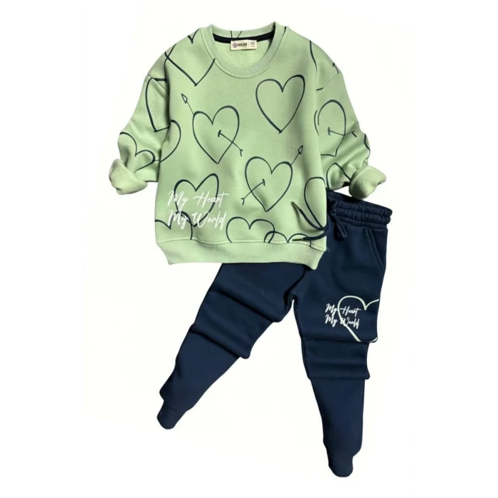 Kalp Desenli Yeşil Renk 3 İplik Kız Çocuk Takım