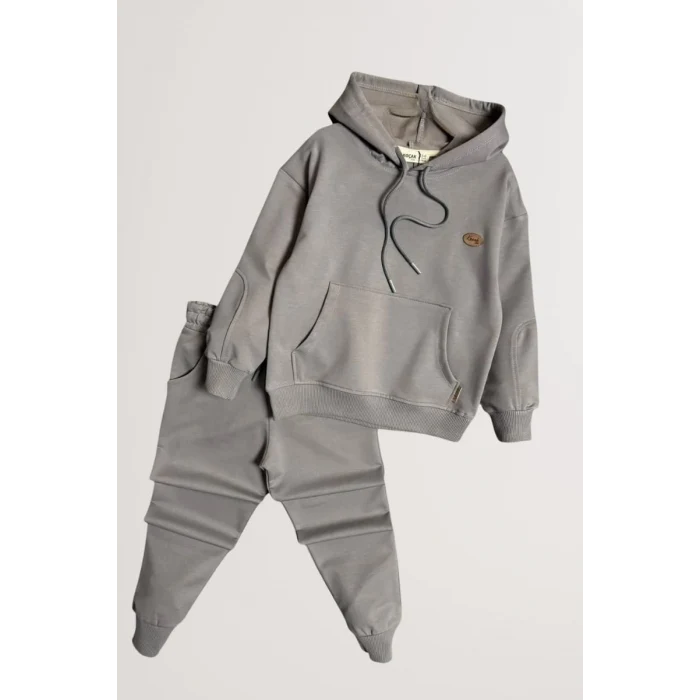 Kapüşonlu ve Kanguru Cepli Gri Renk Erkek Çocuk Eşofman Takım