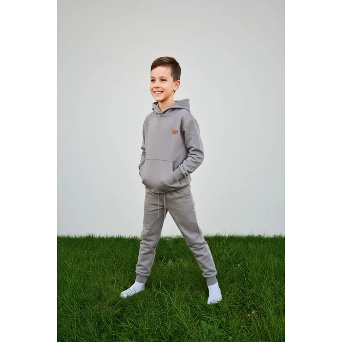 Kapüşonlu ve Kanguru Cepli Gri Renk Erkek Çocuk Eşofman Takım