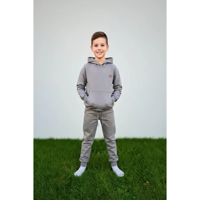 Kapüşonlu ve Kanguru Cepli Gri Renk Erkek Çocuk Eşofman Takım