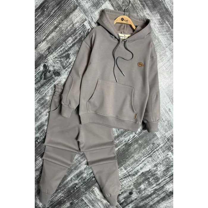 Kapüşonlu ve Kanguru Cepli Gri Renk Erkek Çocuk Eşofman Takım
