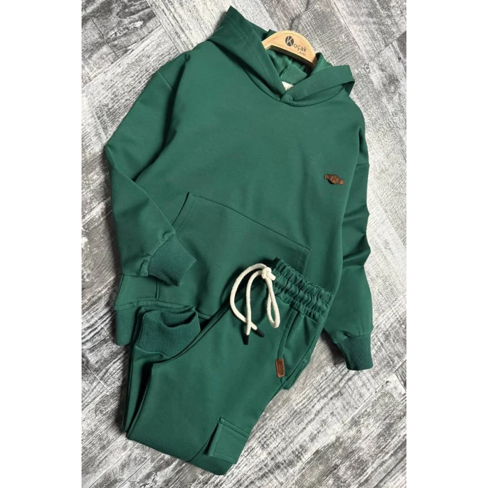 Kapüşonlu ve Kanguru Cepli Yeşil Renk Erkek Çocuk Eşofman Takım