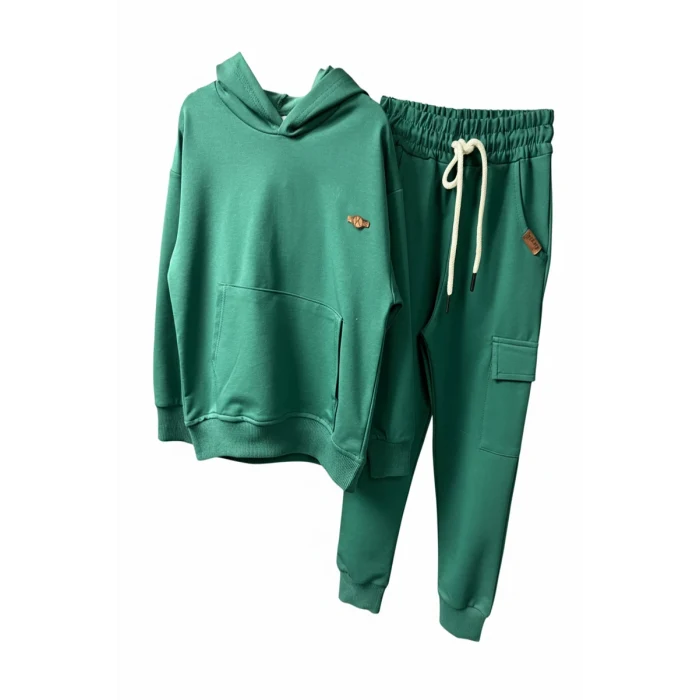 Kapüşonlu ve Kanguru Cepli Yeşil Renk Erkek Çocuk Eşofman Takım