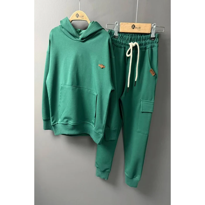 Kapüşonlu ve Kanguru Cepli Yeşil Renk Erkek Çocuk Eşofman Takım