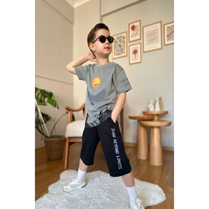 Kartal Desenli Gri Renk Erkek Çocuk Şortlu Takım