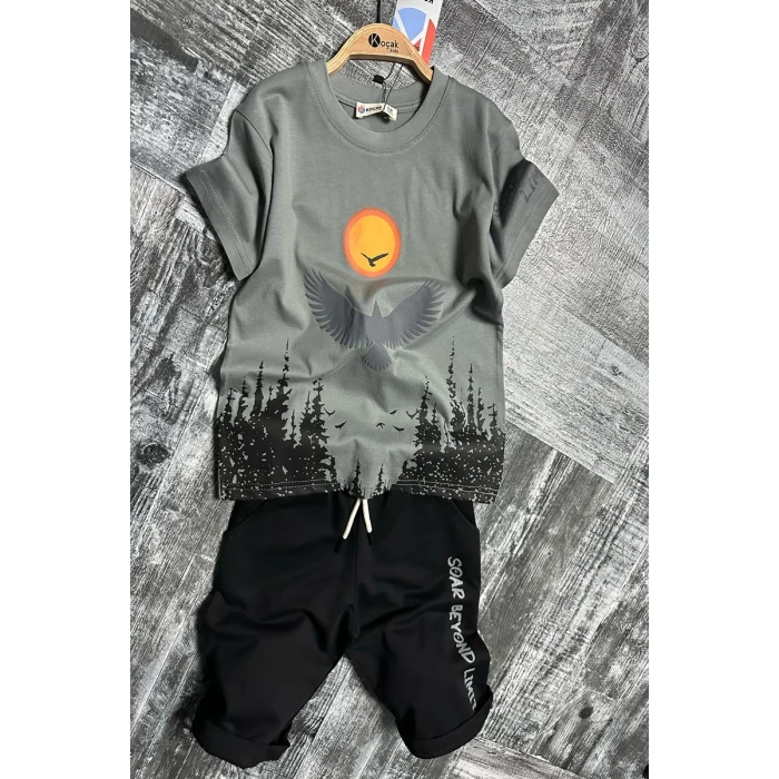 Kartal Desenli Gri Renk Erkek Çocuk Şortlu Takım