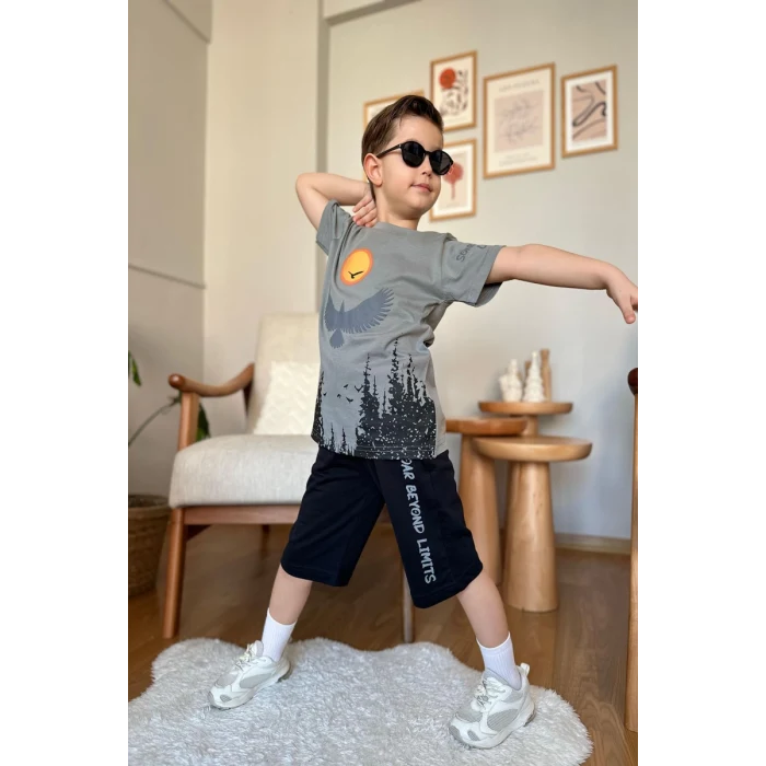 Kartal Desenli Gri Renk Erkek Çocuk Şortlu Takım