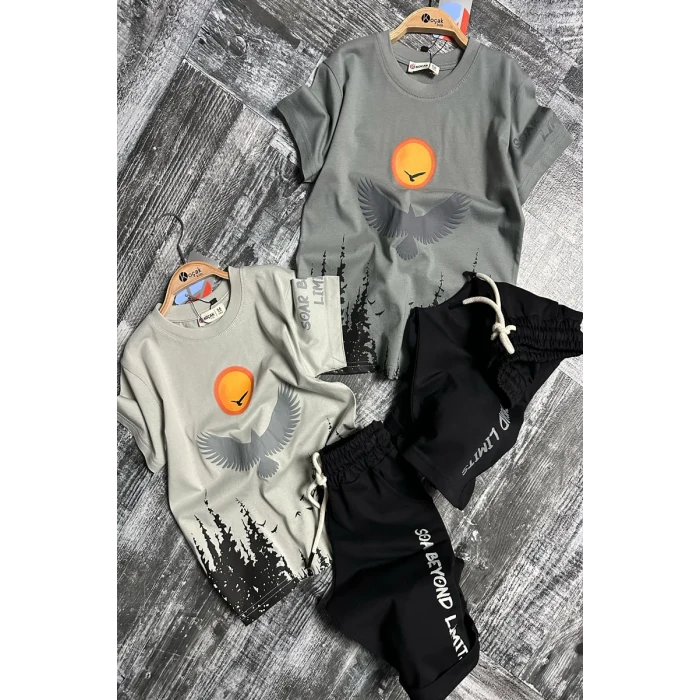 Kartal Desenli Gri Renk Erkek Çocuk Şortlu Takım