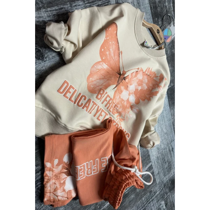 Kelebek Desenli Turuncu Renk Kız Çocuk Takım