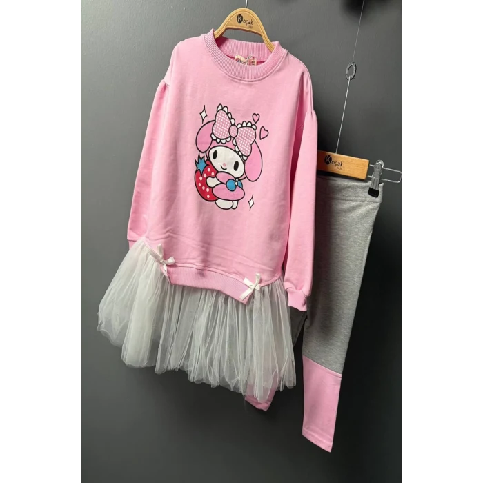 Kuromi Desenli Tütü Detaylı Pembe Renk Kız Çocuk Taytlı Takım