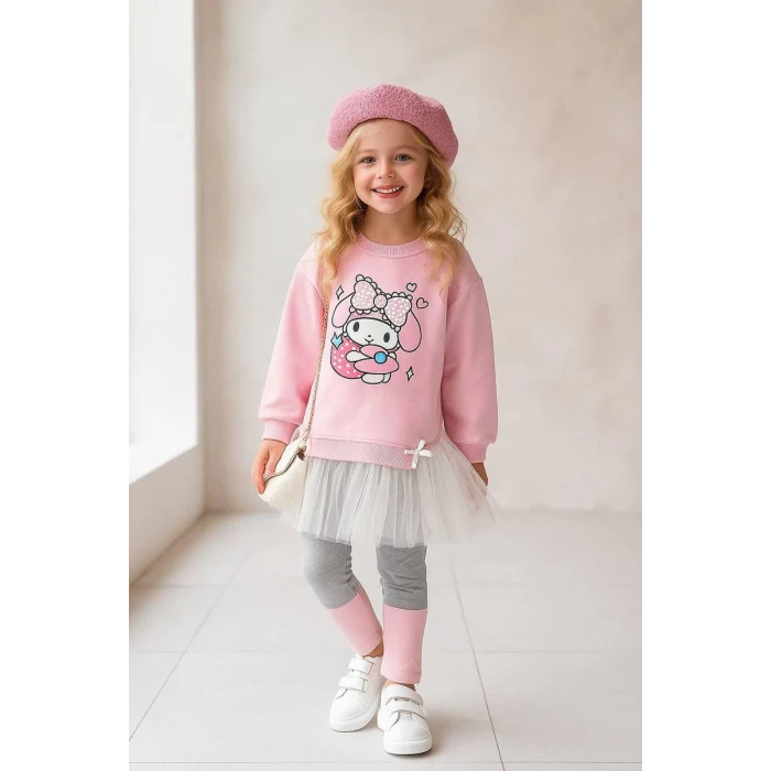 Kuromi Desenli Tütü Detaylı Pembe Renk Kız Çocuk Taytlı Takım