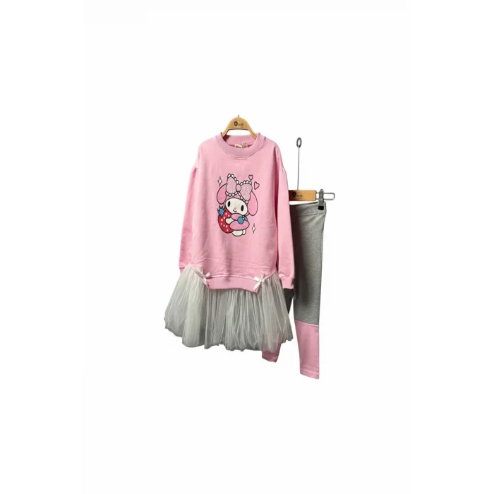 Kuromi Desenli Tütü Detaylı Pembe Renk Kız Çocuk Taytlı Takım