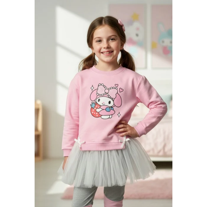 Kuromi Desenli Tütü Detaylı Pembe Renk Kız Çocuk Taytlı Takım