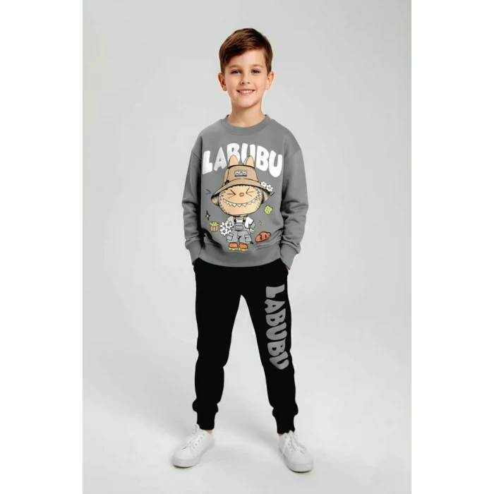 Labubu Desenli Erkek Çocuk Gri Renk Eşofman Takım