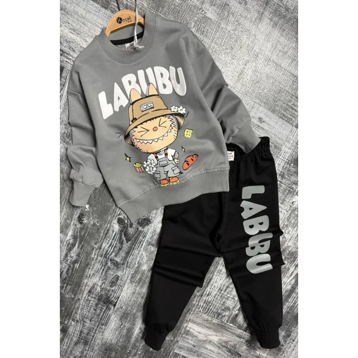 Labubu Desenli Erkek Çocuk Gri Renk Eşofman Takım