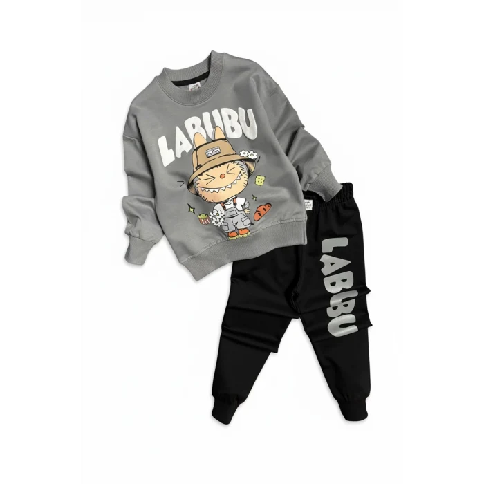 Labubu Desenli Erkek Çocuk Gri Renk Eşofman Takım