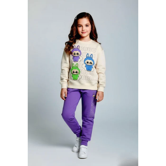 Labubu Desenli Kız Çocuk Lila Renk Eşofman Takım 2 li Set