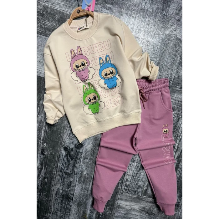 Labubu Desenli Kız Çocuk Pembe Renk Eşofman Takım 2 li Set