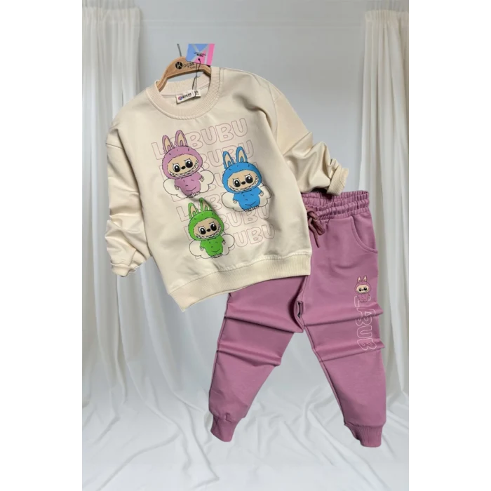 Labubu Desenli Kız Çocuk Pembe Renk Eşofman Takım 2 li Set
