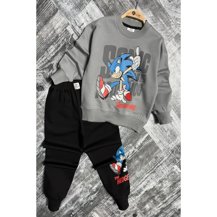 Sonic Desenli Gri Renk Erkek Çocuk Eşofman Takım