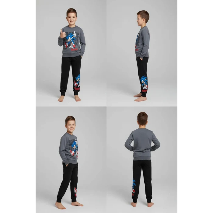 Sonic Desenli Gri Renk Erkek Çocuk Eşofman Takım