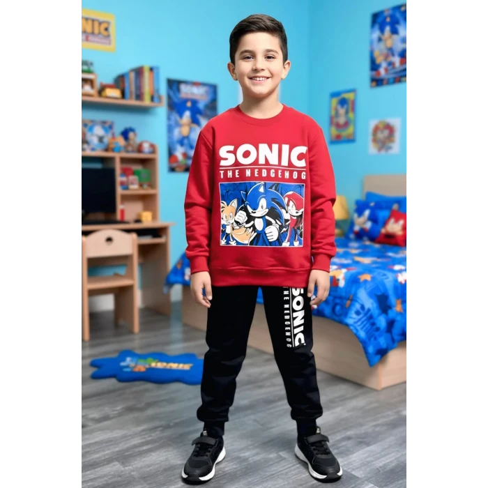 Sonic Desenli Kırmızı Renk Erkek Çocuk Eşofman Takım