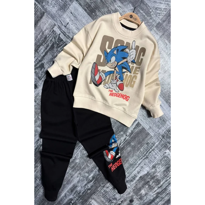 Sonic Desenli Krem Renk Erkek Çocuk Eşofman Takım