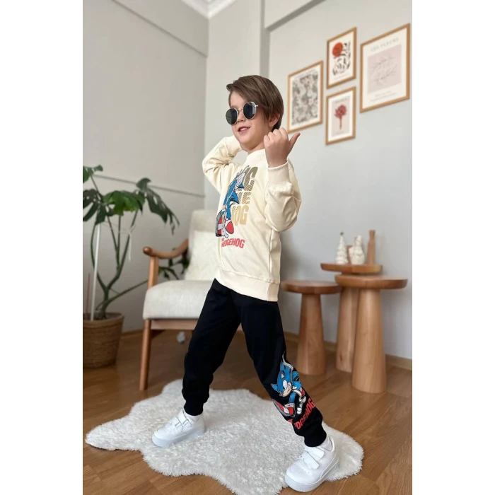 Sonic Desenli Krem Renk Erkek Çocuk Eşofman Takım