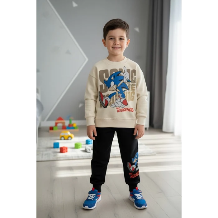 Sonic Desenli Krem Renk Erkek Çocuk Eşofman Takım