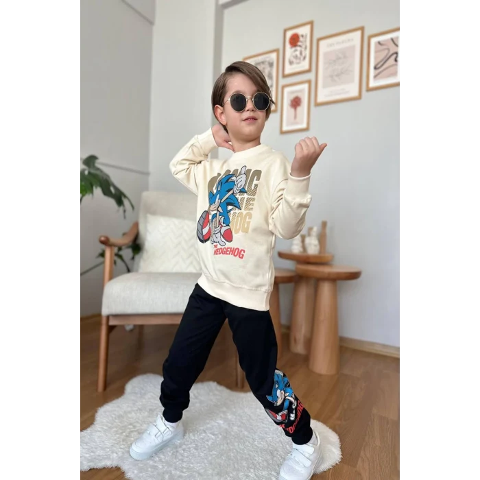 Sonic Desenli Krem Renk Erkek Çocuk Eşofman Takım